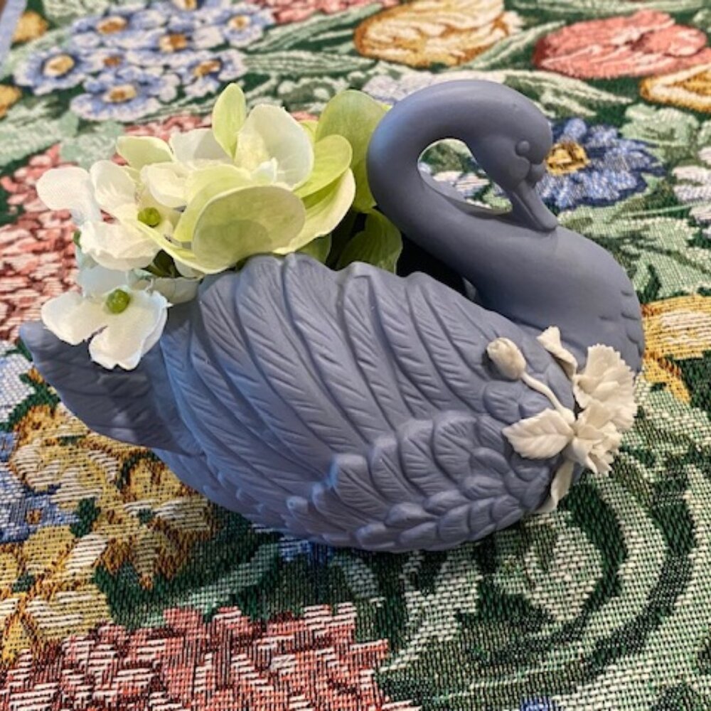 Vintage BLUE unglazed BISCUIT PORCELAIN small SWAN DISH * Intricate FLOWERS